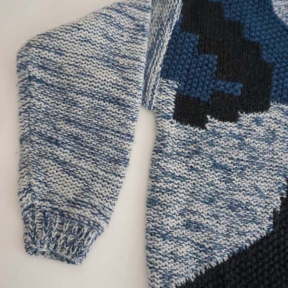 Vintage '80S Street Scenes Blue Black Geometric Fisherman Eclectic Sweater XL - Picture 7 of 9